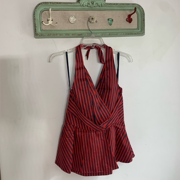 Anthropologie Odille striped cross over halter peplum top red 4 small - Picture 5 of 5